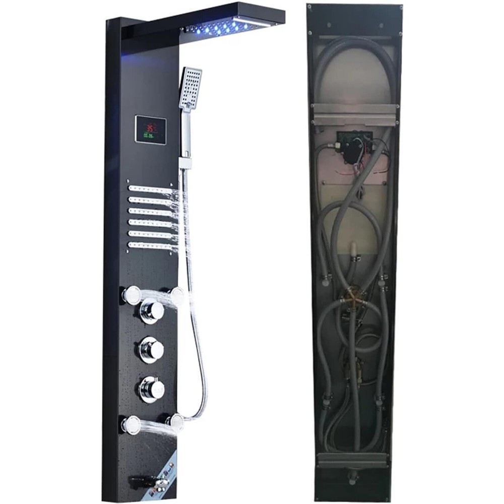 Black LED Shower Panel Tower System Rainfall Waterfall Shower Head w/ Body Jets