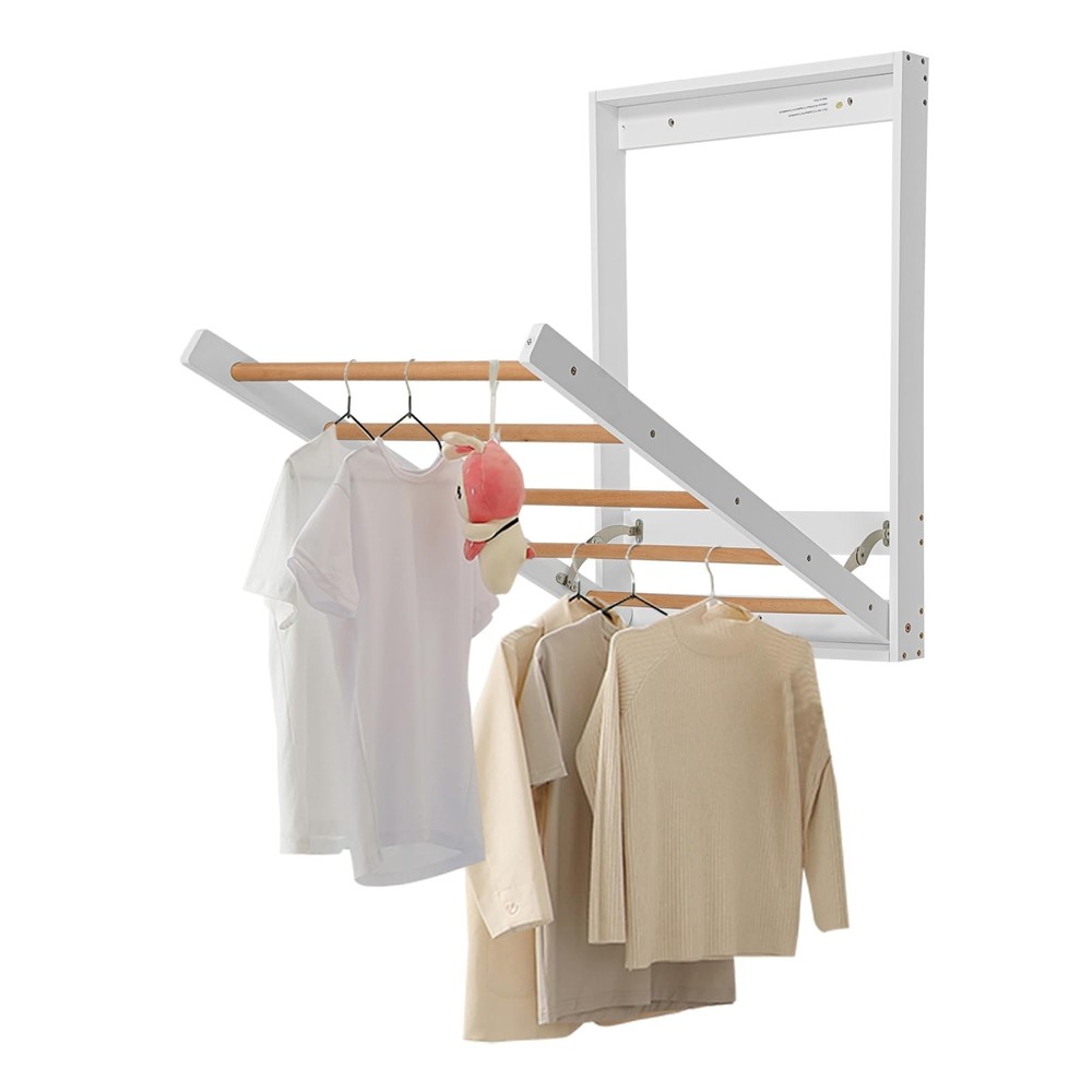 Wall-Mounted Foldable Clothes Drying Rack - Solid Wood Indoor Laundry Organiz...