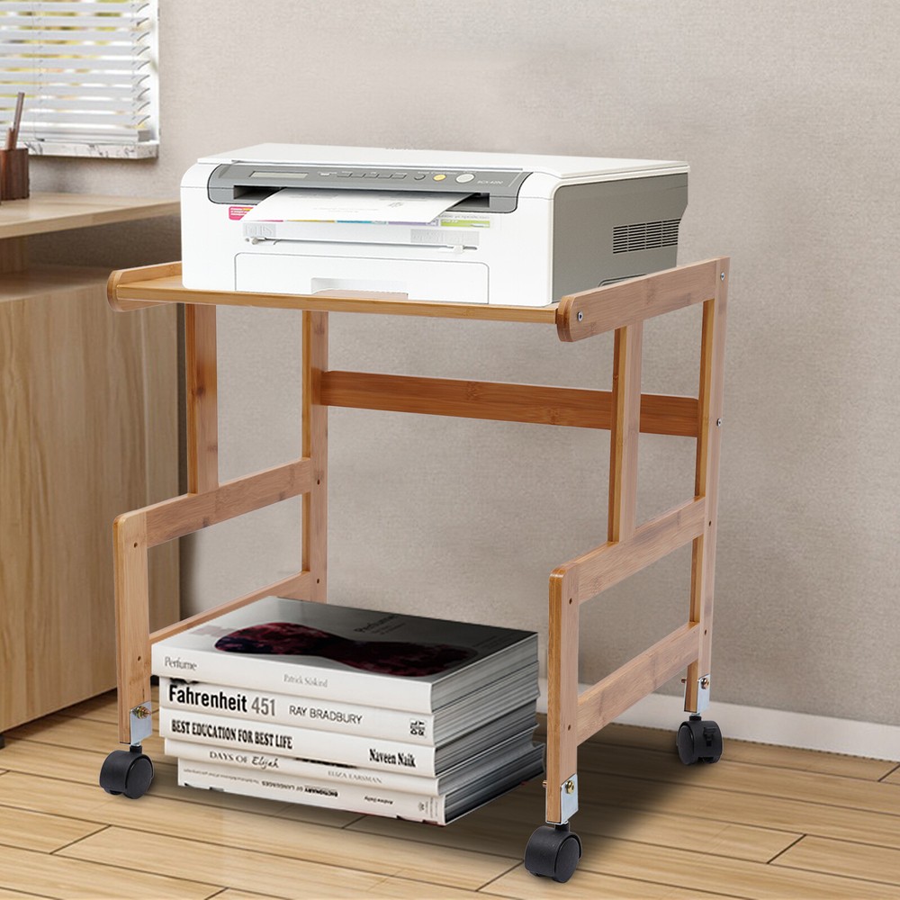 Portable Bamboo Printer Stand Wood Rolling Printer Cart With Storage Rack