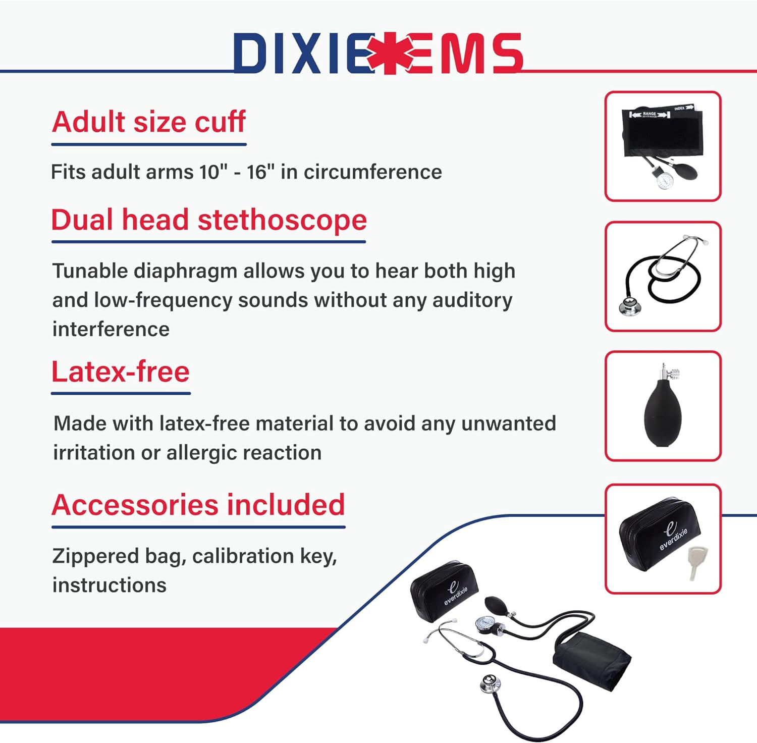 Dixie EMS Adult BP Cuff Dual Head Stethoscope and Blood Pressure Kit - Black