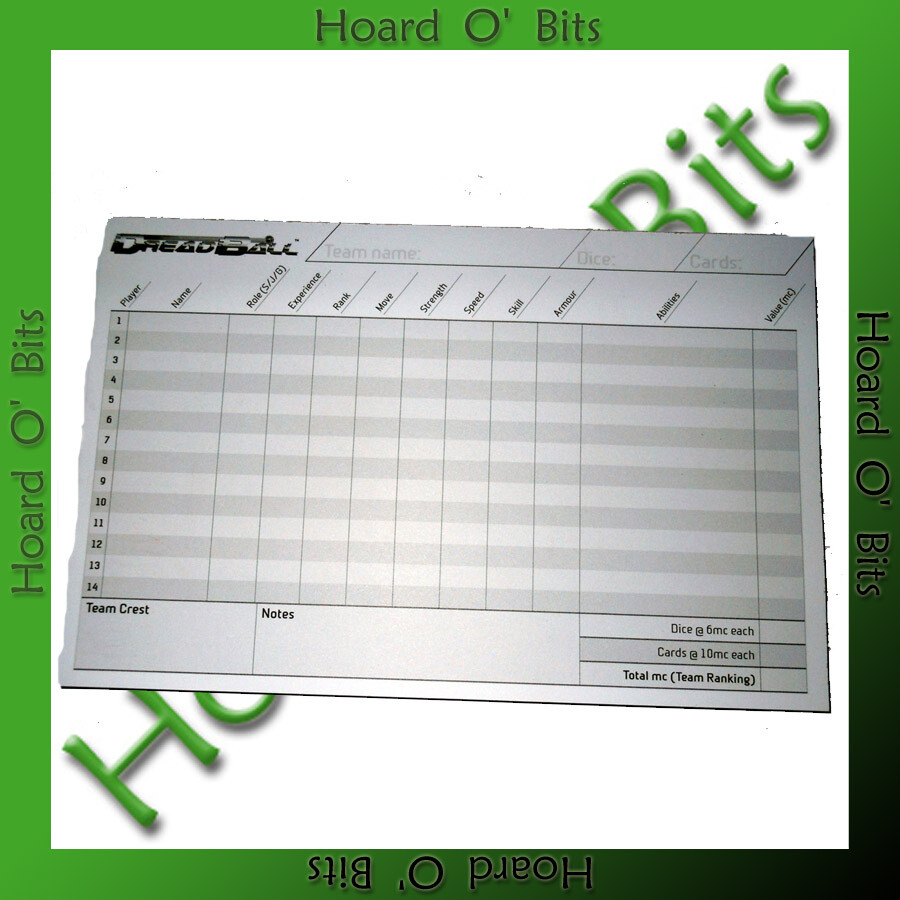 DREADBALL BITS - RECORD SHEET TEAM ROSTER PAD