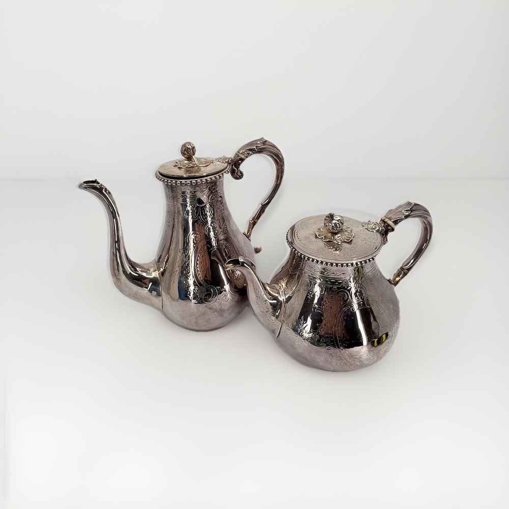 Vintage Silver Plated Tea Coffee Set Ornate Floral Engraved 2pc Victorian