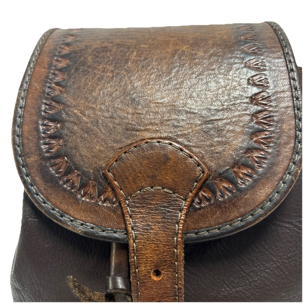 Handcrafted Leather Backpack - Embossed & Stitched Brown Drawstring Bag Vintage