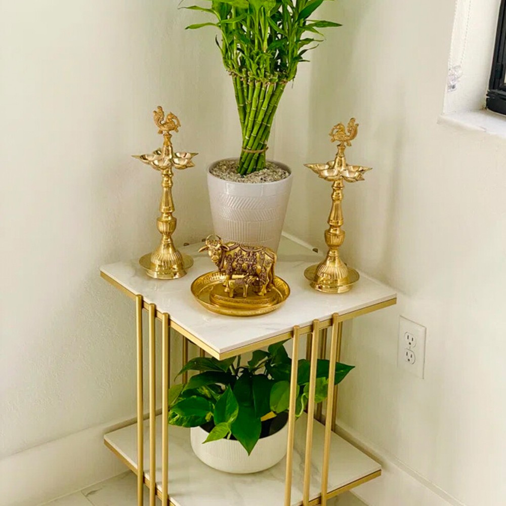 Solid Heavy Square Side End Tables Real Marble Top & Bottom Shelves Glod/ Black