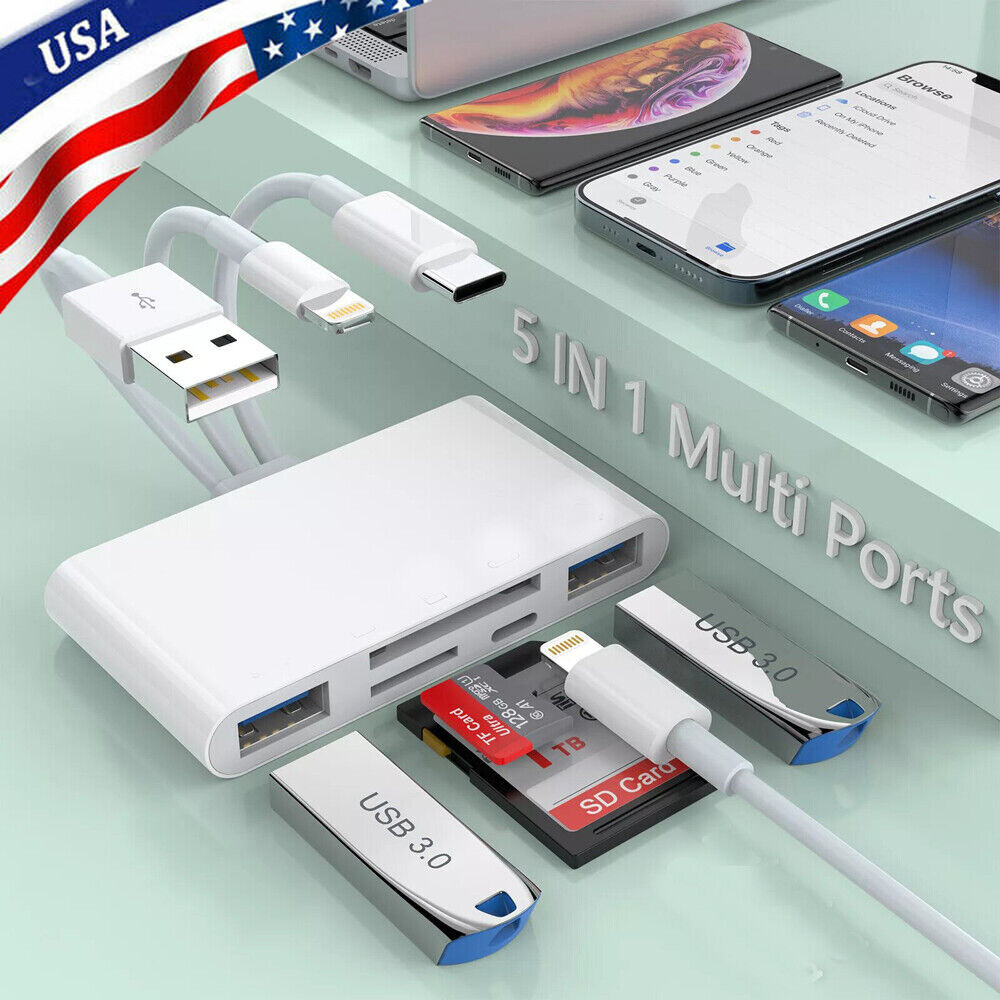 5 in 1 Multi-function TF/SD Card Reader USB OTG Adapter For iPhone/iPad/Samsung