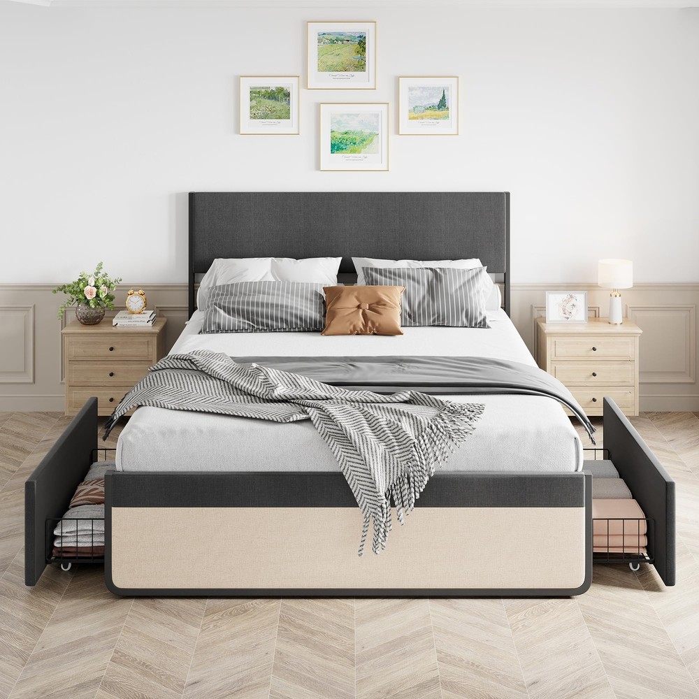 Full Size Bed Frame Headboard Platform Bed Frame Metal Slats Support & 2 Drawers