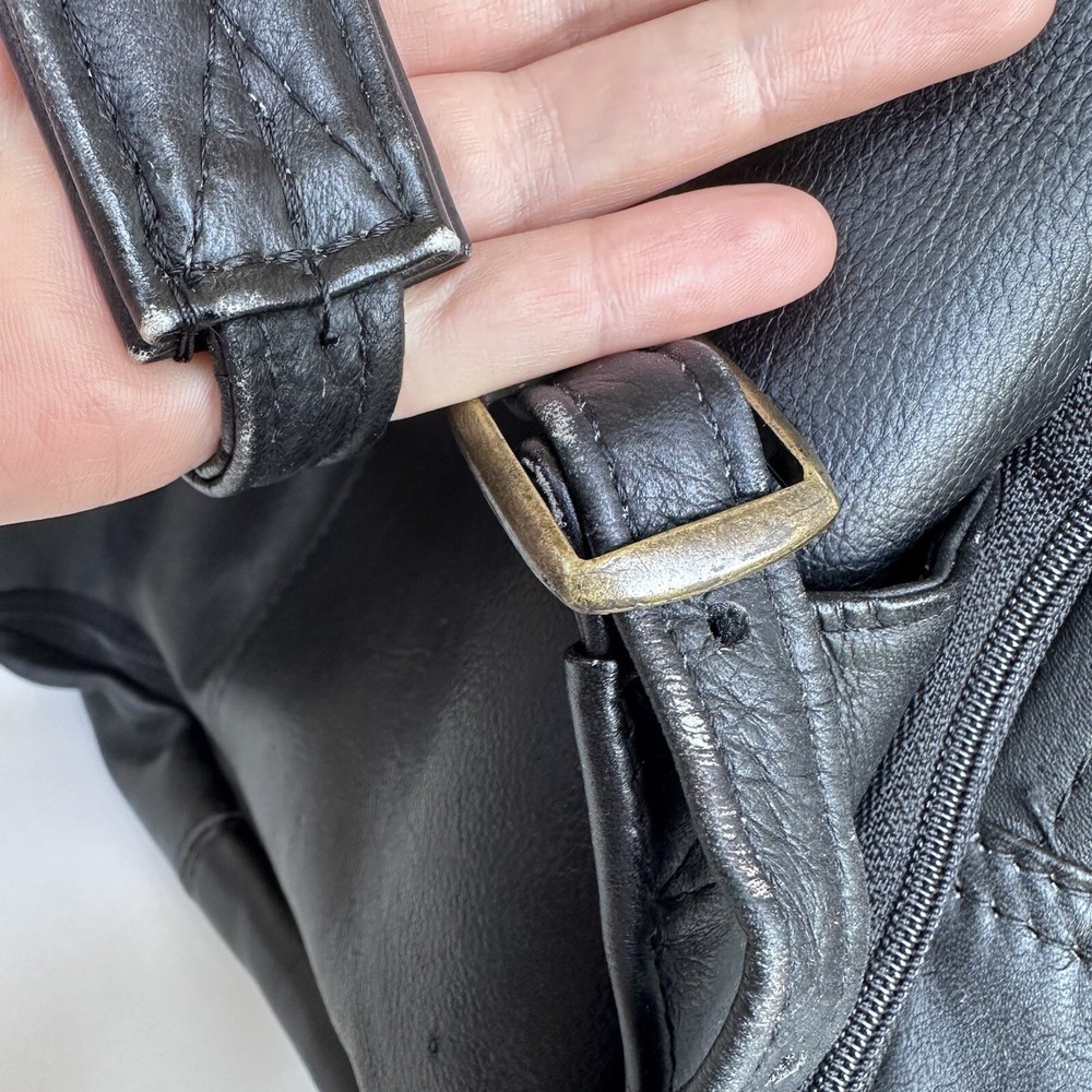 Expandable Black Leather Backpack w/Many Pockets