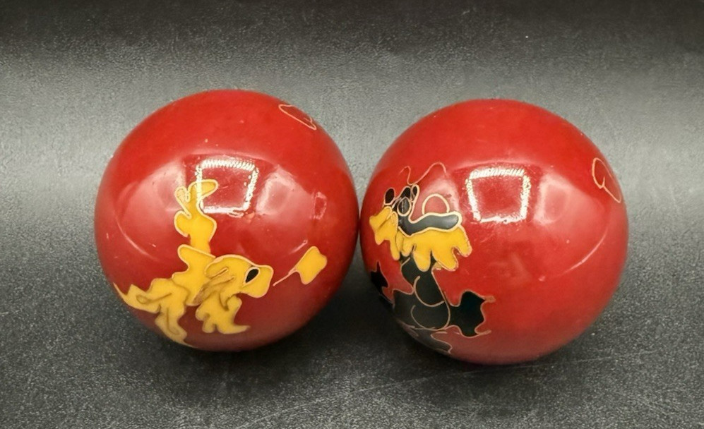 Red Enamel Baoding Balls with Chimes Dragon Design