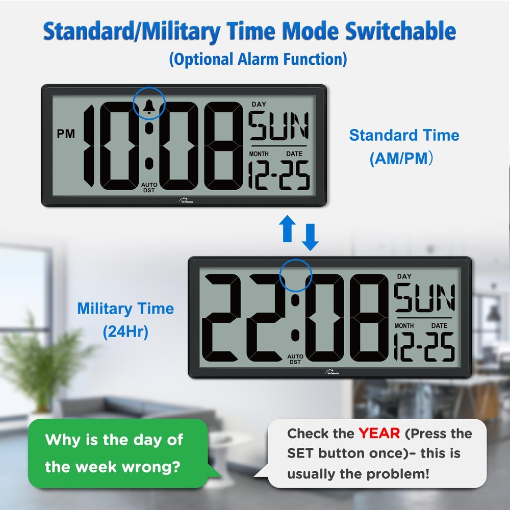 WallarGe 14.5'' Digital Clock: Jumbo Display, Temp, Date, Easy Set & DST