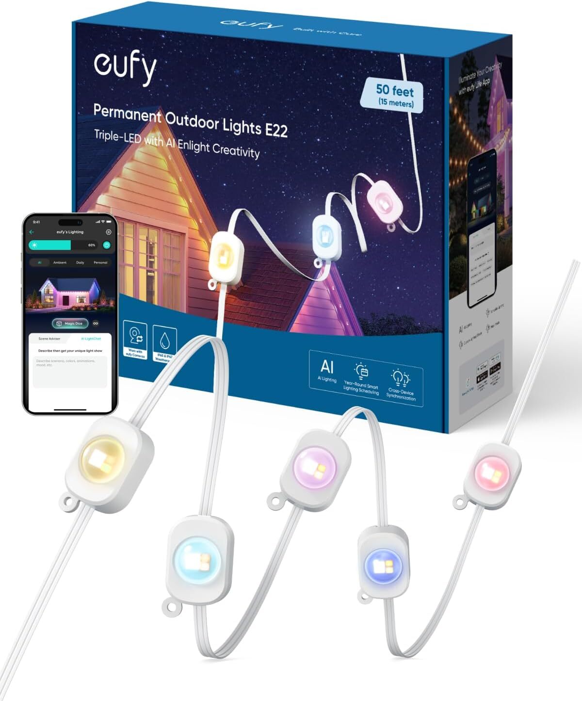 eufy Permanent Outdoor Light E22 50ft 30 Triple-LED Smart Lighting String|Refurb