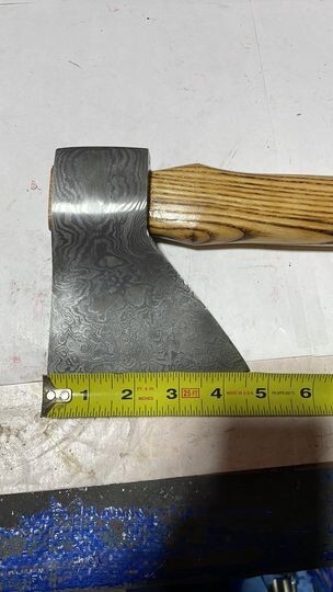 Custom Connie Bay pattern damascus throwing hatchet with sheath!