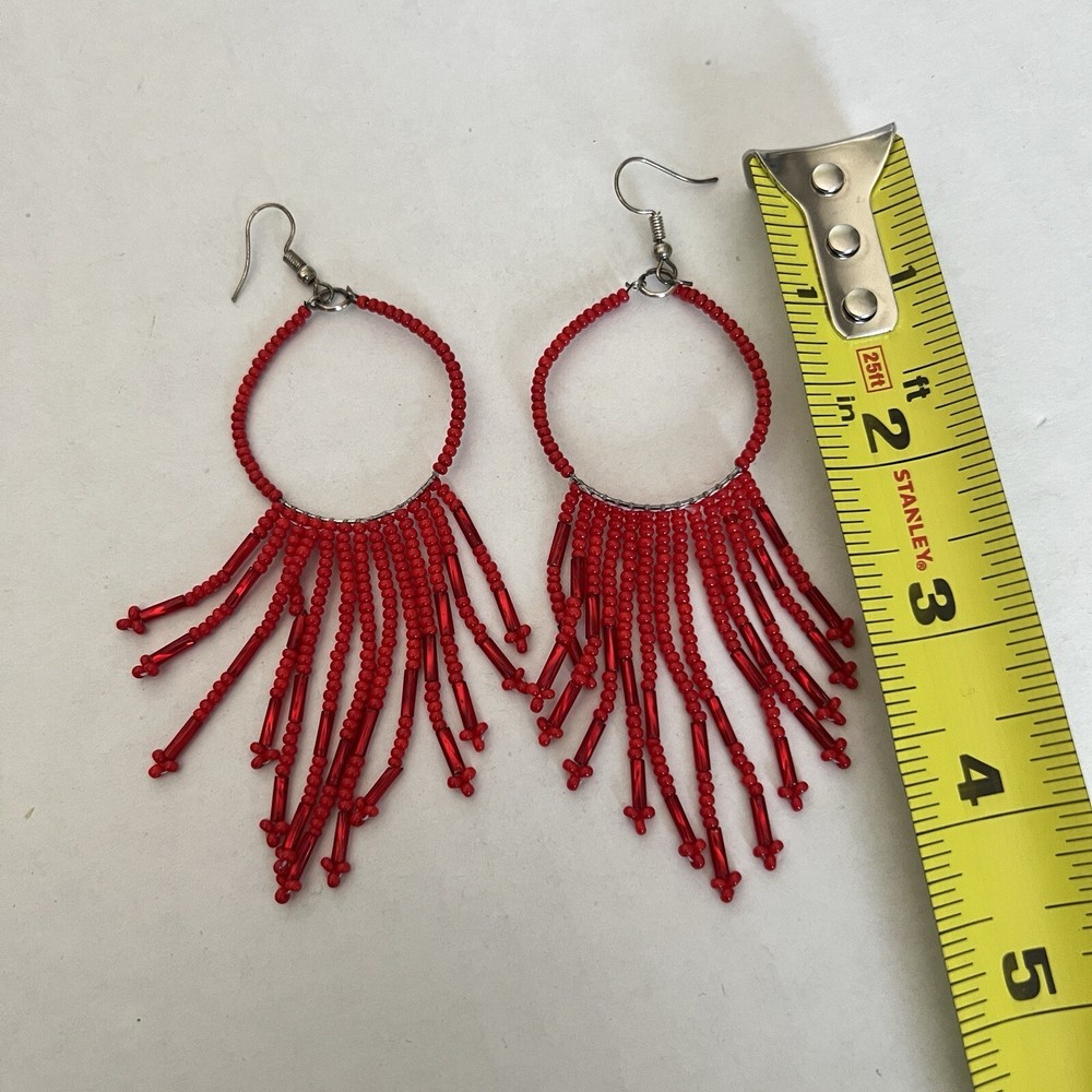 Red beaded dangling earrings HANDMADE