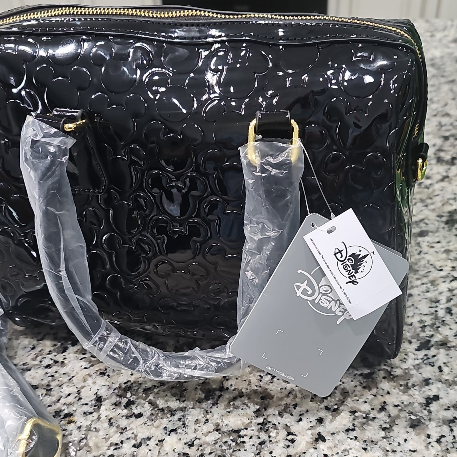 Disney Mickey Mouse Medium Handbag Black Embossed Gold Hardware