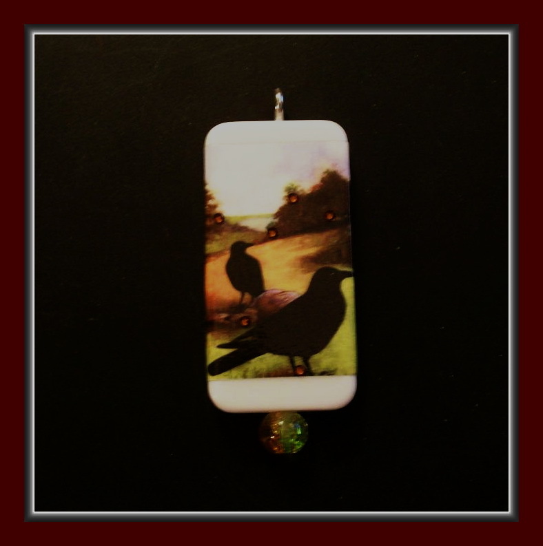 TWO OLD CROWS IN A FALL FIELD DOMINO PENDANT