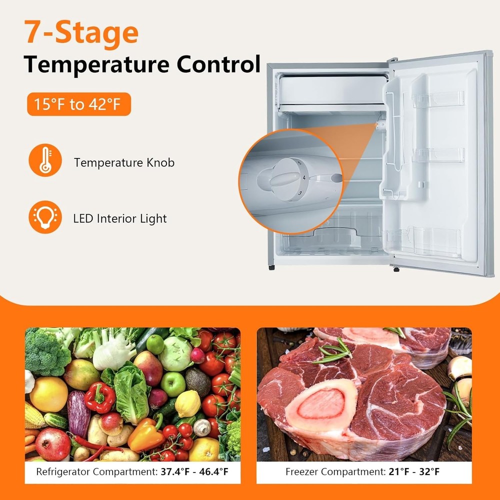 122L Compact Refrigerator W/ Freezer, 7-Level Temp Control & Easy-Clean Interior