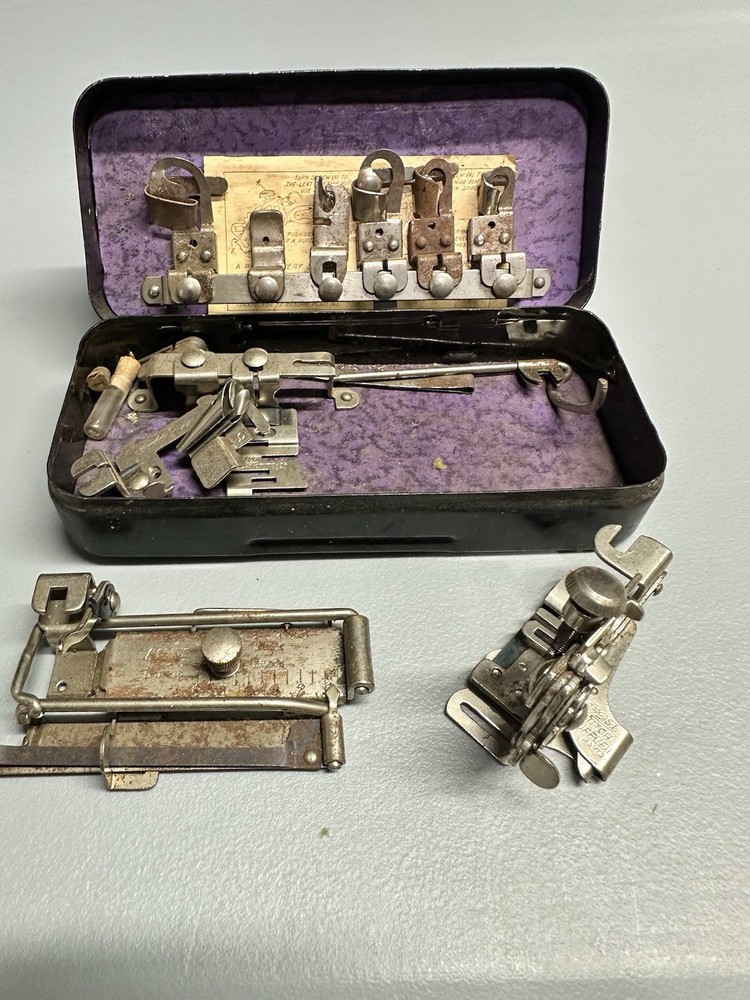 Vintage Greist Sewing Attachment Set Metal Box Assorted Attachments/Tools