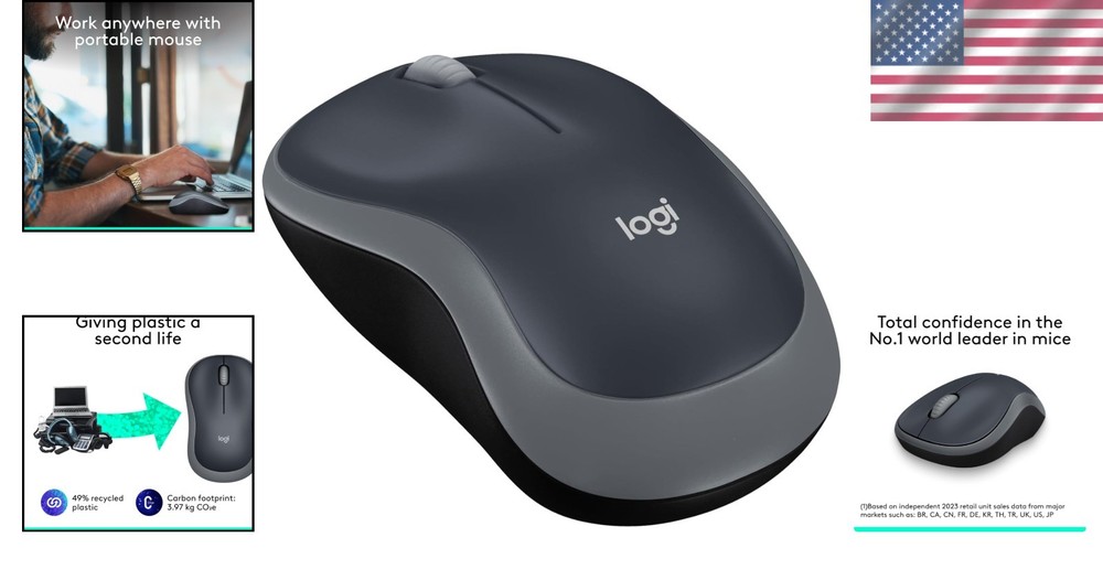M185 Wireless Mouse - Ambidextrous Design, 1000 DPI Optical Tracking, Swift Grey