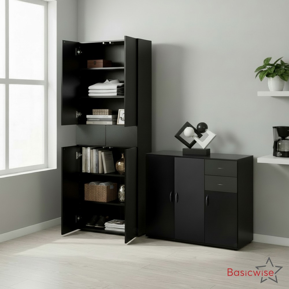 Basicwise Set of Buffet Table with Drawers Plus Cabinet with Compartments,Black
