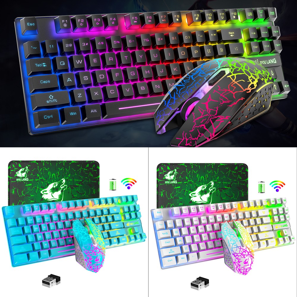 US Rechargeable Wireless Gaming Keyboard Mouse Combo 87 Key Rainbow LED Backlit