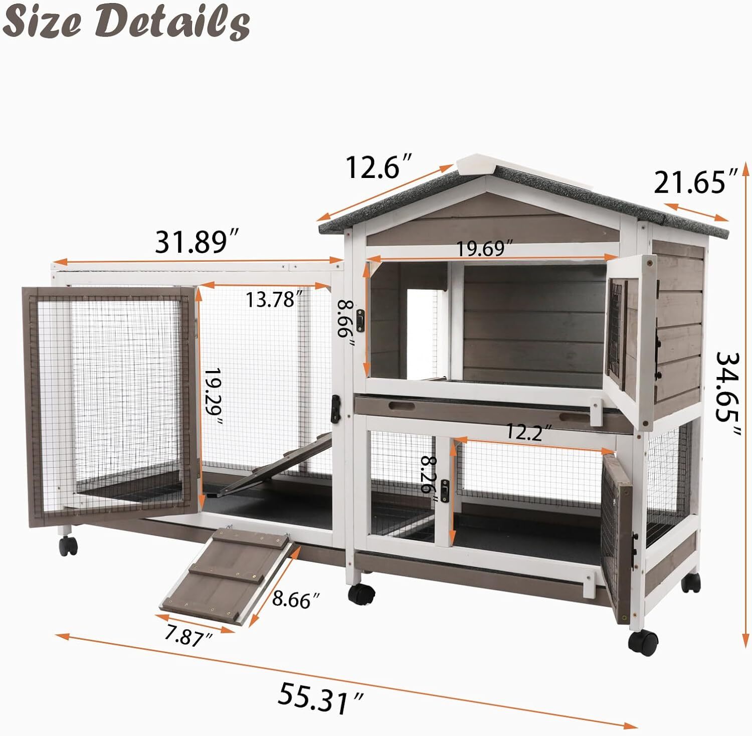 PETSCOSSET Rabbit Hutch Indoor Outdoor 2 Story Bunny Cage Rabbit Cage with Wheel