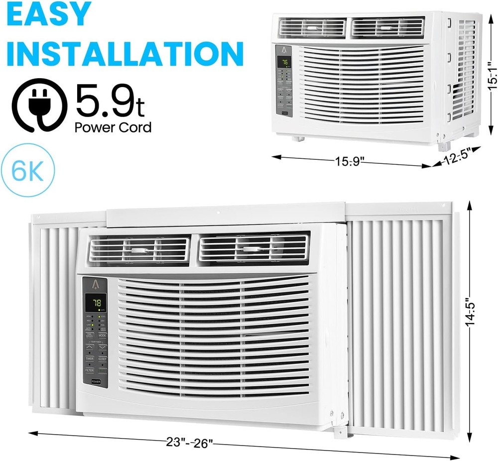 6000 BTU Window Air Conditioner AC Unit Fan Dehumidifier with Remote/App Control