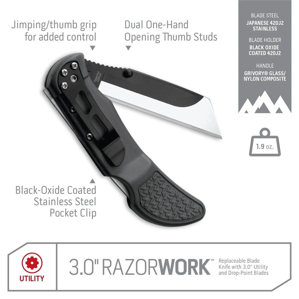 Outdoor Edge 3" RazorWork Replaceable Blade Folding Utility Knife Gray