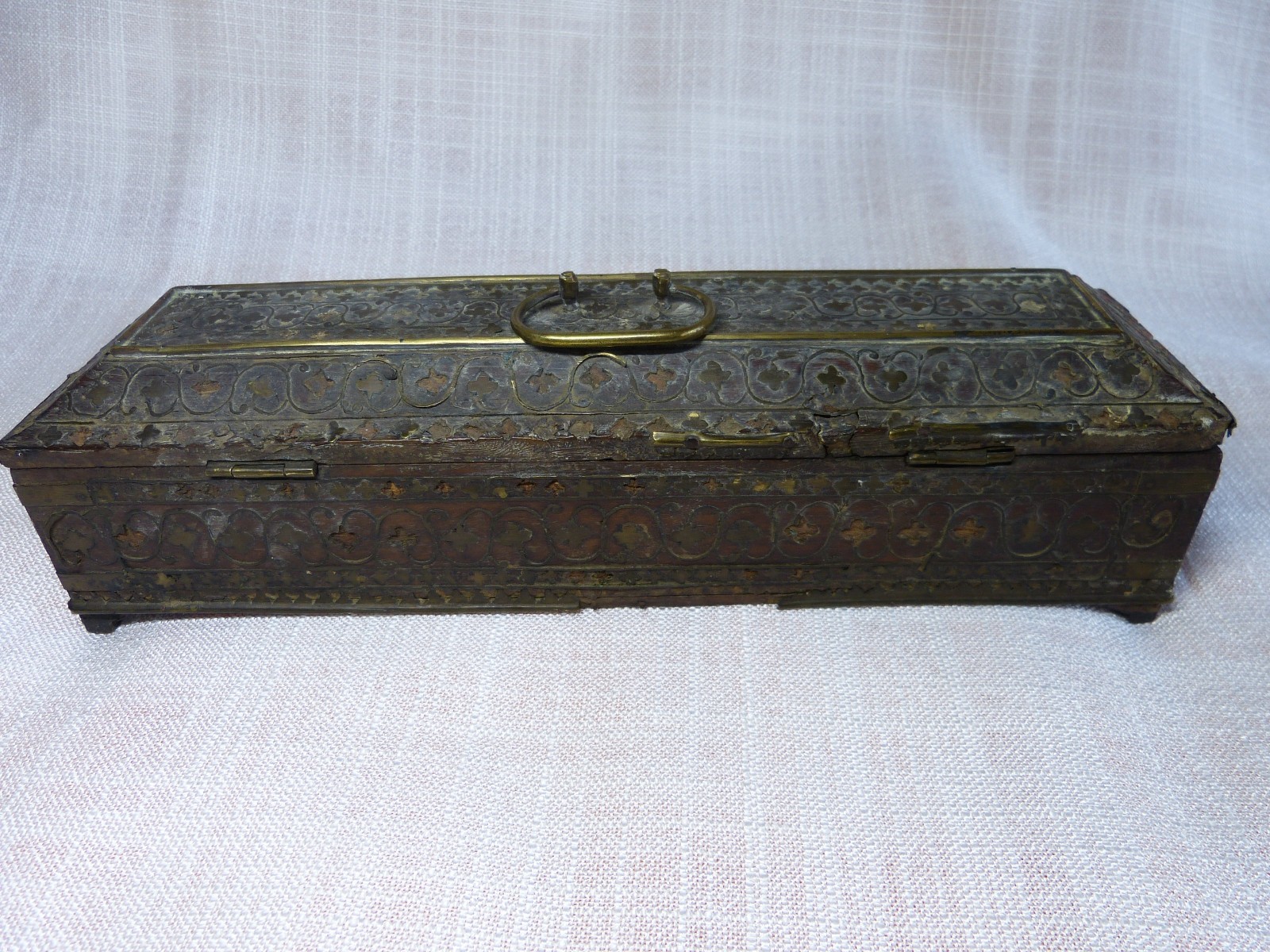 Boxset Antique Box Glove Antique Wooden 19 Century XIX ° Inlay Brass