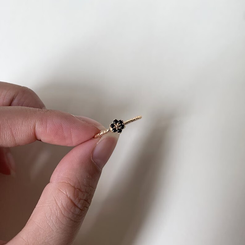 Dainty Black Onyx Ring Daisy Flower Ring Engagement Proposal Ring Wedding Ring.