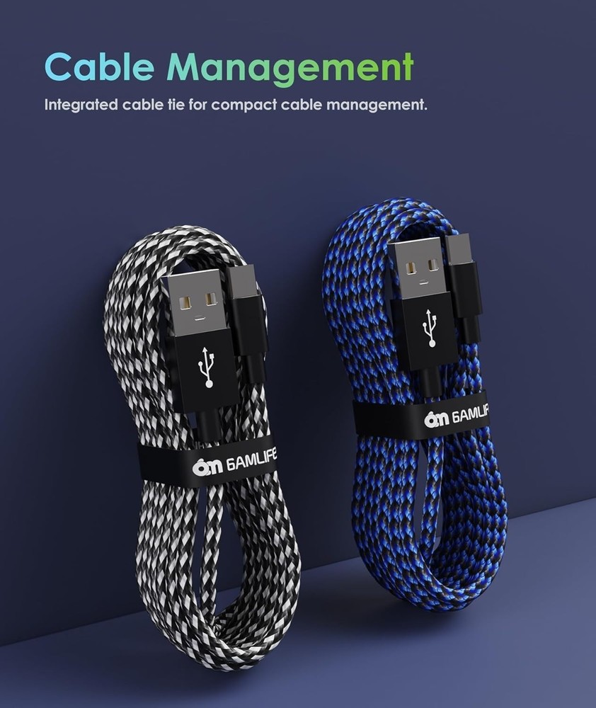 10ft Nylon Braided USB Cables for PS4 and Android - Charge & Play