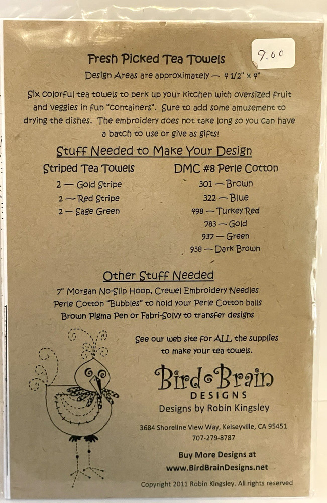 Bird Brain Traceable Embroidery Pattern Fresh Picked Tea Towel Spring Summer