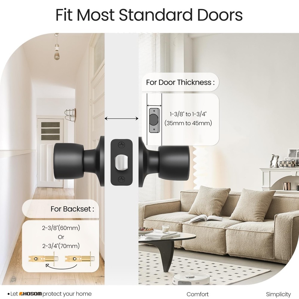 HOSOM Passage Door Knob, Matte Black Door Knobs Keyless Doorknobs for Interio...