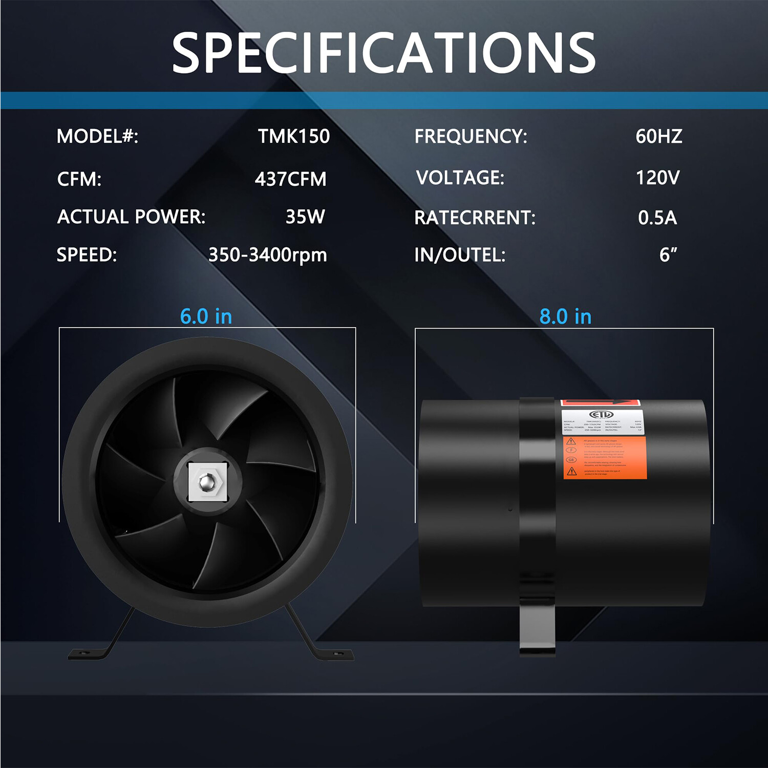 4/6/8/10/12 In Exhaust Fan Inline Duct Fan HVAC Blower Kit With Speed Controller