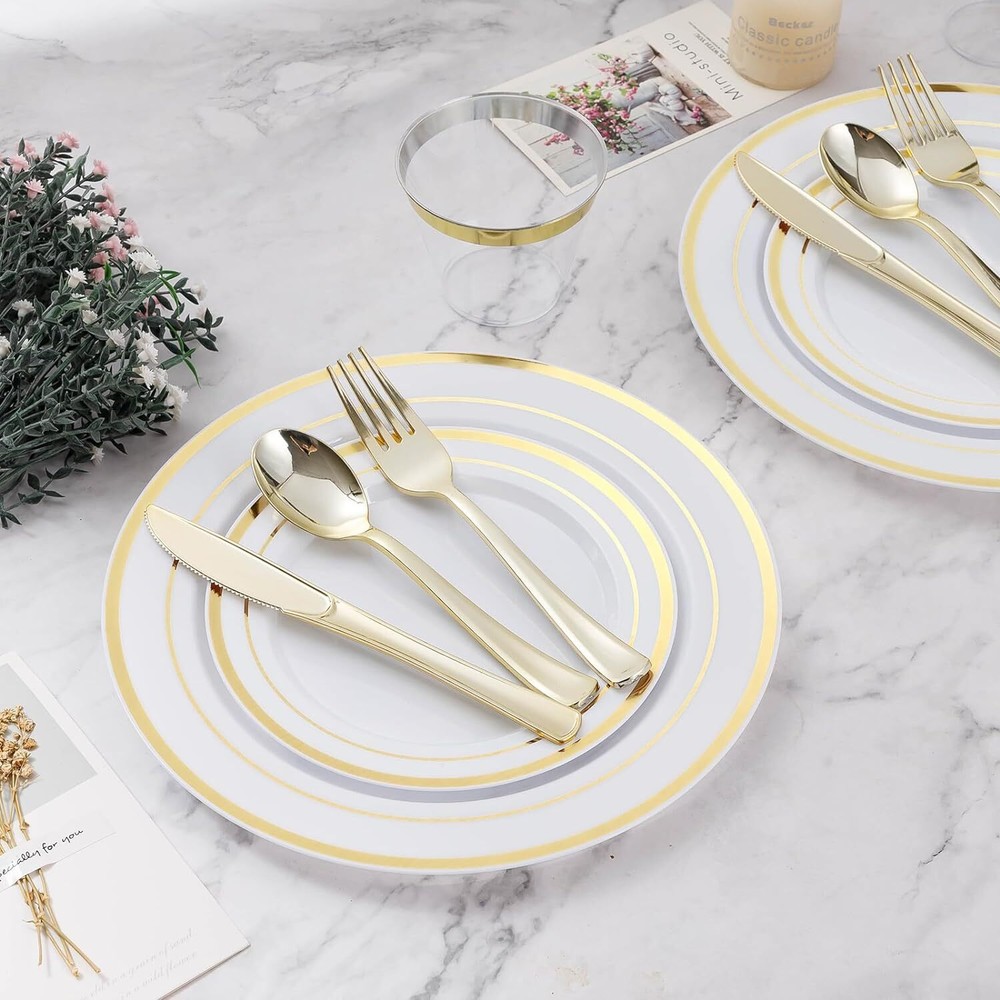600PCS Dinnerware Set for 100 Guests Gold Disposable Plates Cups Silverware