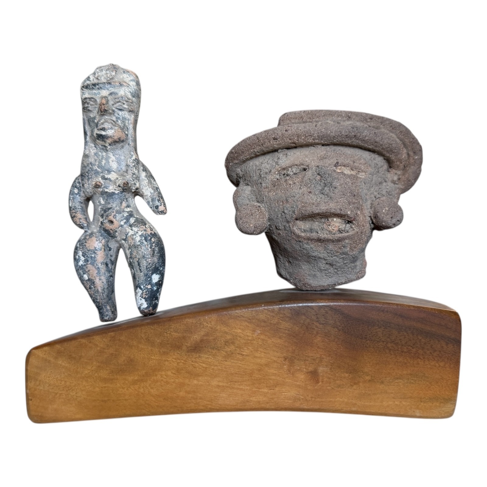 Antique Pre-Columbian Pottery Figural Group Standing Figure & Head on Base