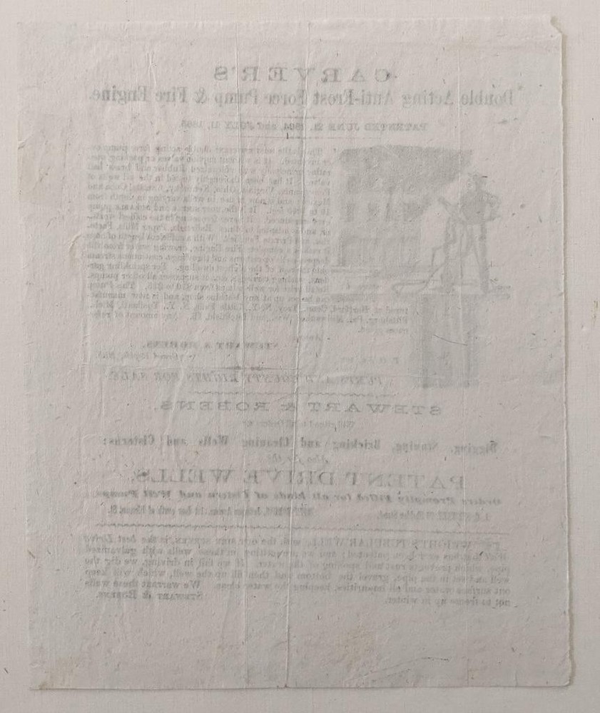 1865 BROADSIDE ADVERTISEMENT CARVERS FORCE PUMP & FIRE ENGINE, STEWART & ROBENS