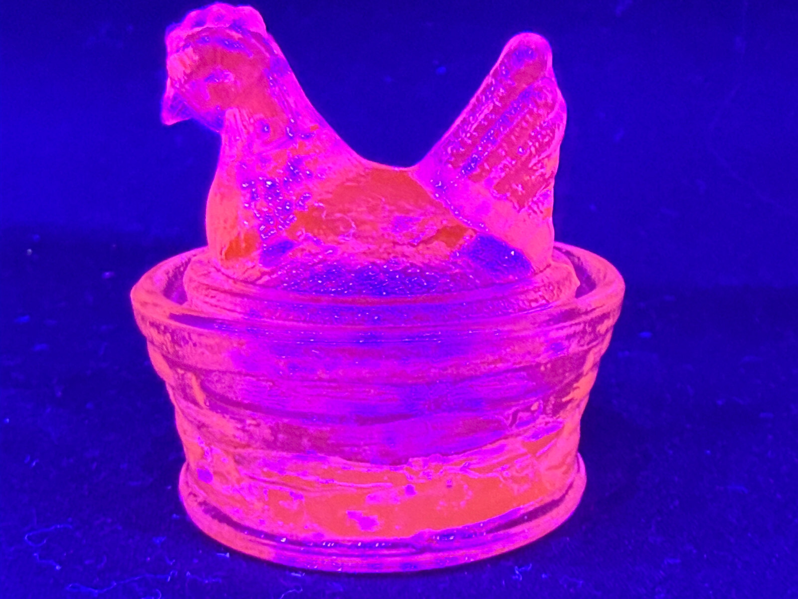 Blue Vaseline uranium glass Hen Chicken on nest basket eggs / salt cellar orange