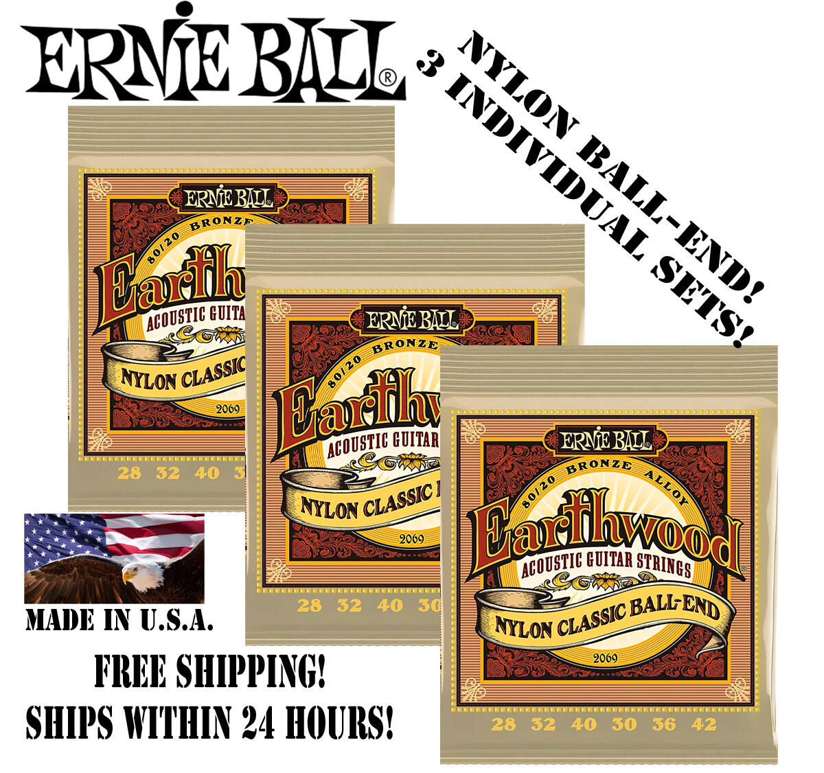 *3 SETS! ERNIE BALL EARTHWOOD 80/20 NYLON BALL-END ACOUSTIC GUITAR STRINGS 2069*