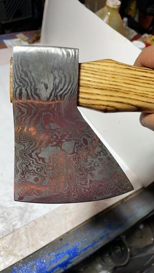 Custom Connie Bay pattern damascus throwing hatchet with sheath!