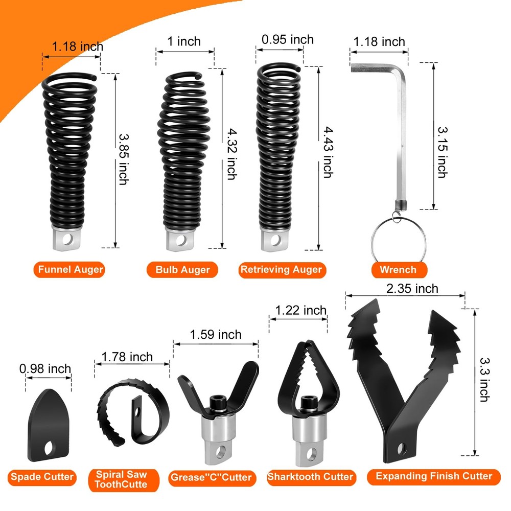8-Piece Drain Snake Drill Attachment, Cutter and Auger Set, Compatible Black