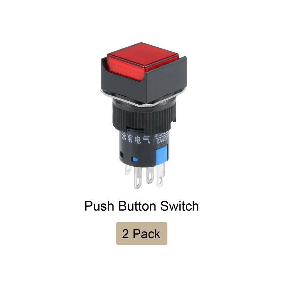 Push Button Switch 1NO 1NC Latching Square Button 16mm / Red / 2 Pcs