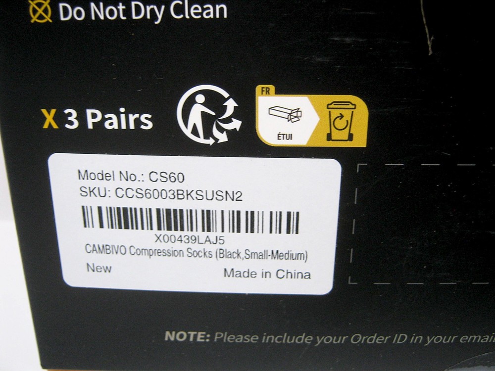 CAMBIVO 3 Pair Black Compression Socks Model CS60 Size: Small-Medium NIB