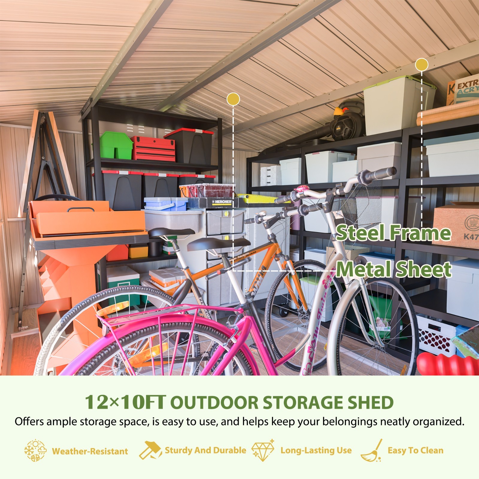 12'x10' Metal Outdoor Storage Shed Heavy Duty Garden Shed w/ Floor Kit & Window
