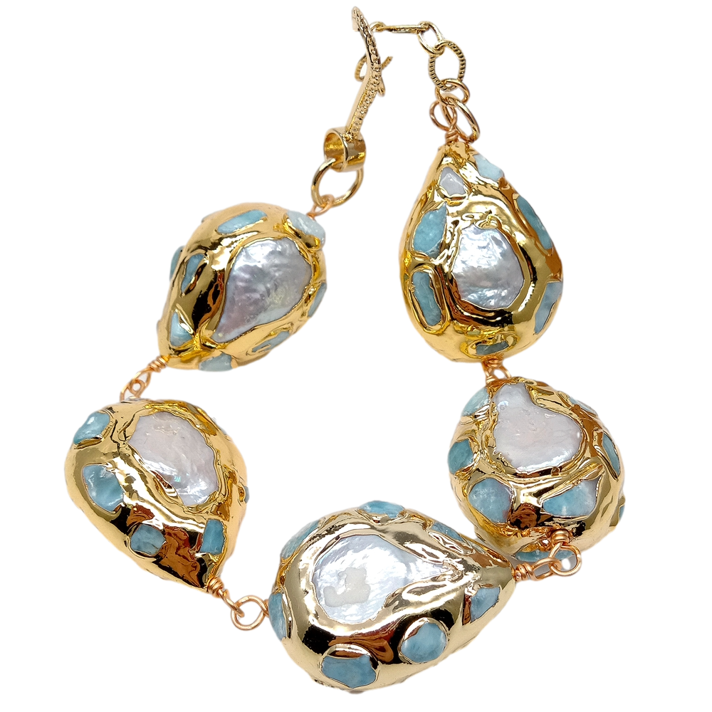 9" Freshwater White Pearl Teardrop Shape Blue larimar Gold Plated Bracelat