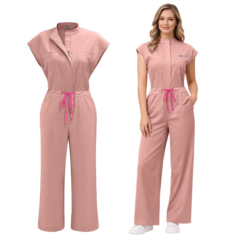 Women's Wide-Leg Scrub Jumpsuit with Zipper & Comfortable Fit - Medical Style