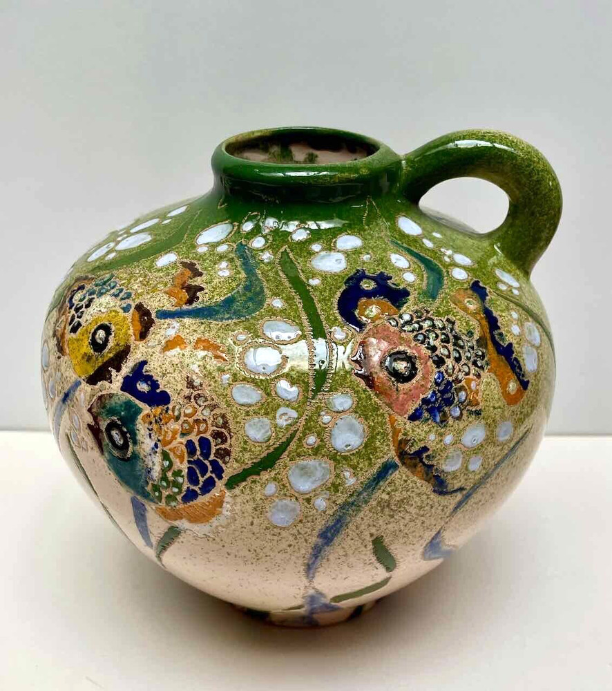 Pottery Jug Ewer w Handle Applied Multicolor Fish Bubbles Handmade Green Signed