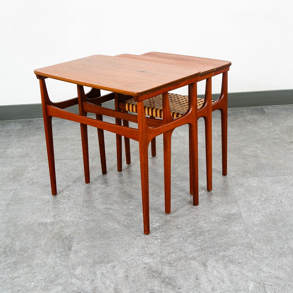 Mid Century Danish Modern Nesting Tables Solid Teak Set 3 Denmark Cane Vintage