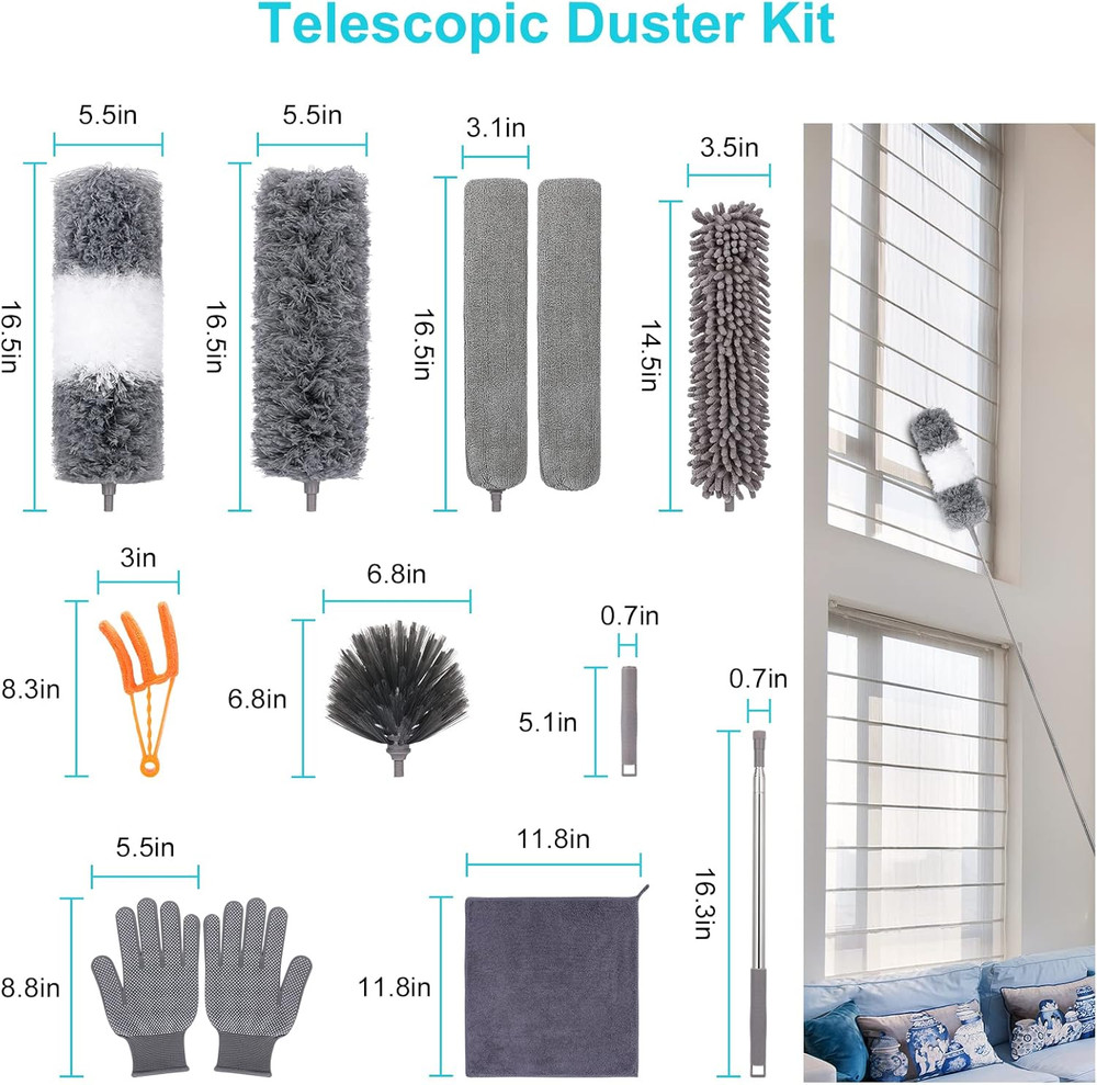 12pcs Microfiber Duster Kit Extendable Pole 30-100in Washable Bendable[1][2][3]