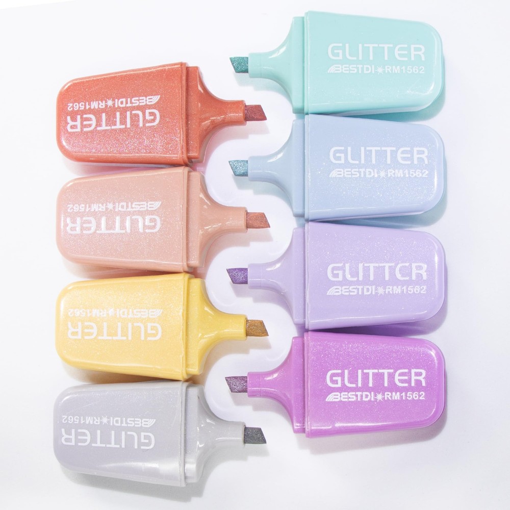 8 Pcs Glitter Highlighters Mini Marker Chisel Tip No Bleed Silver Supplies