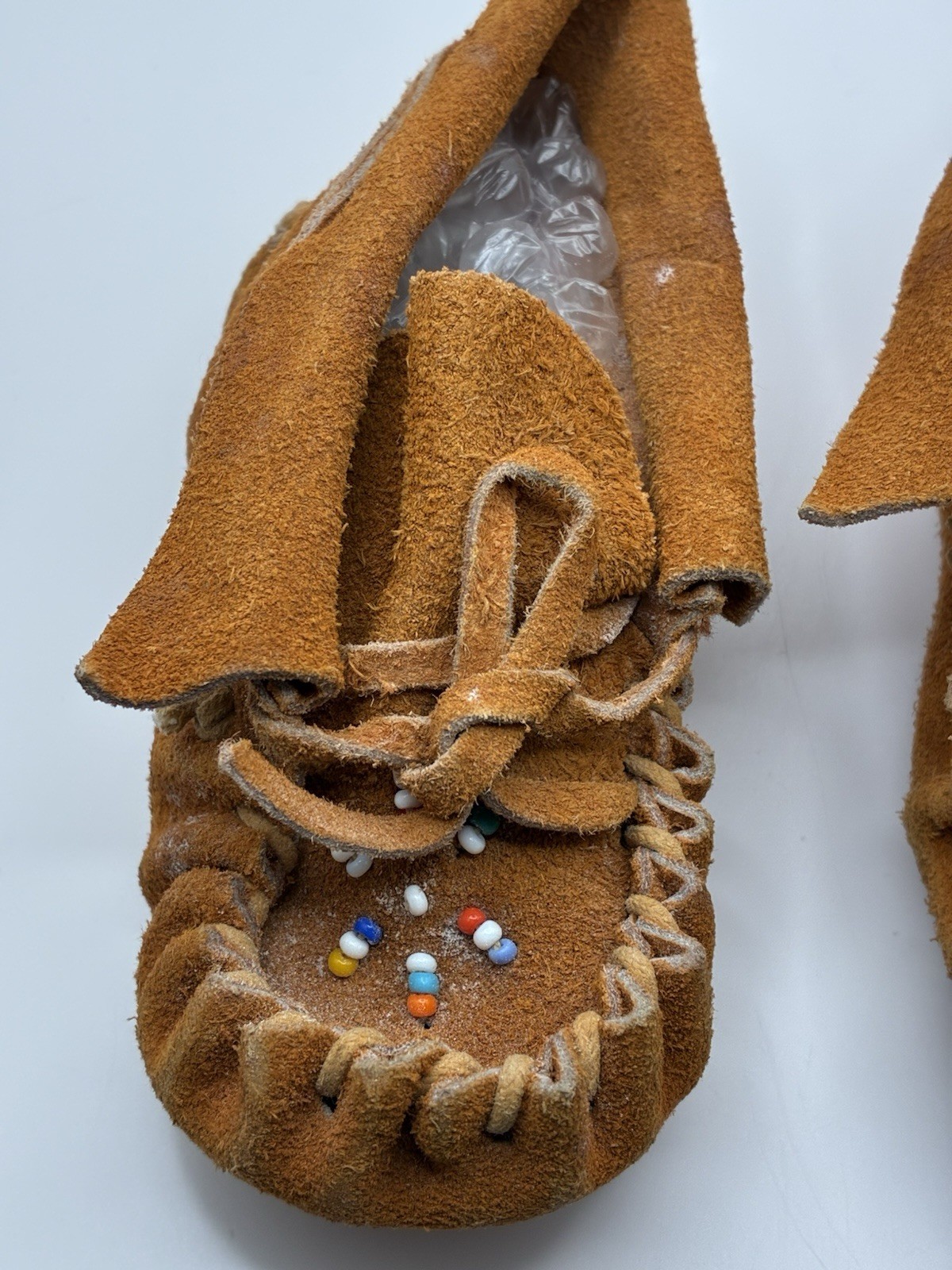 Antique 1960s–70s Handmade Suede Leather Beaded Moccasins Baby Toddler