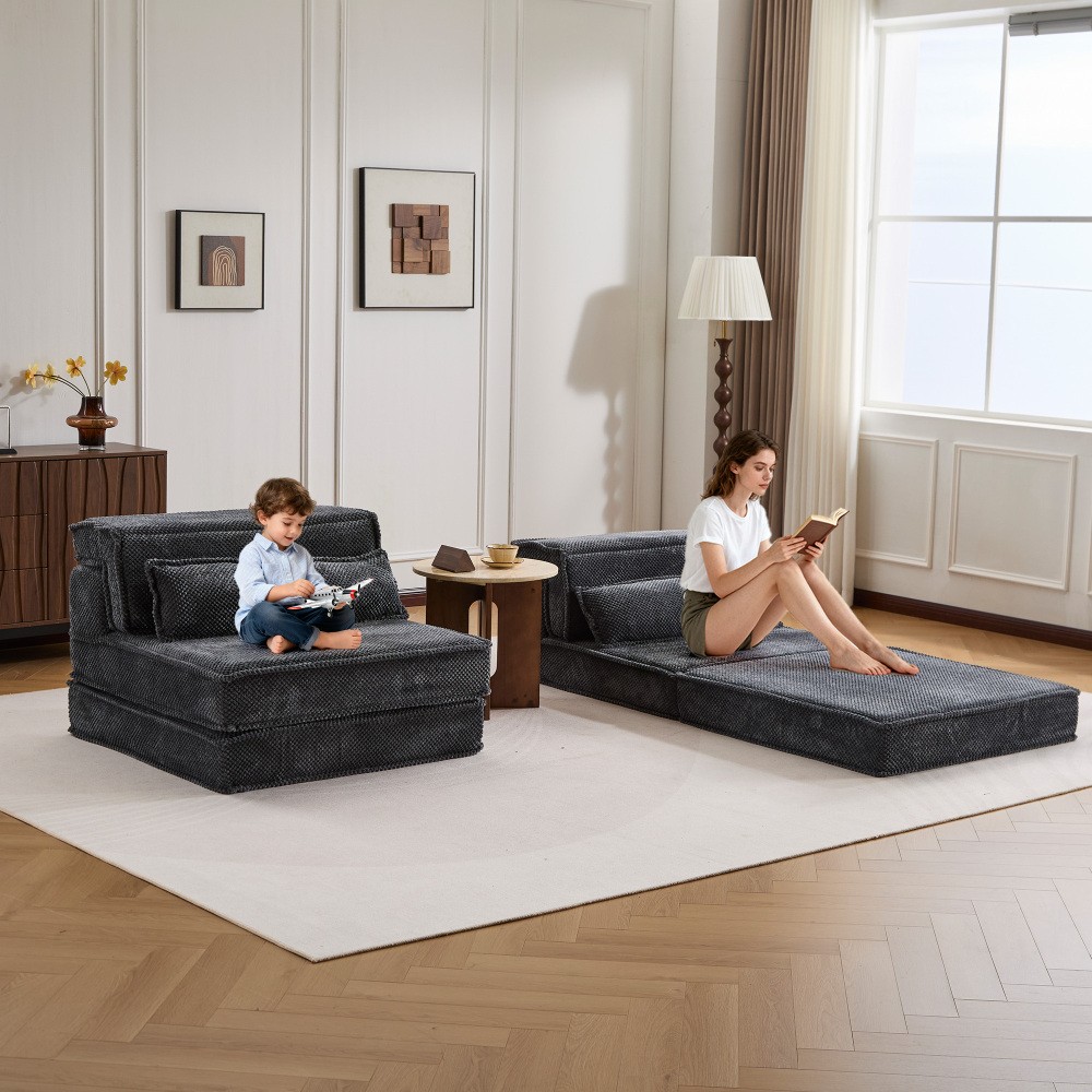 Convertible Floor Sofa Bed w/ Pillows, DIY Modular Sectional Dark Grey